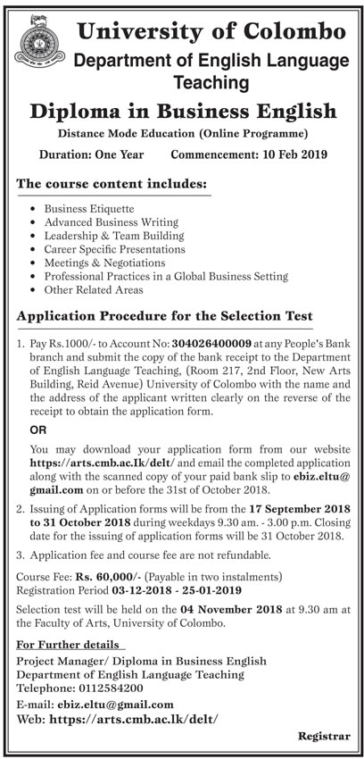 Diploma in Business English - Department of English Language Teaching - University of Colombo